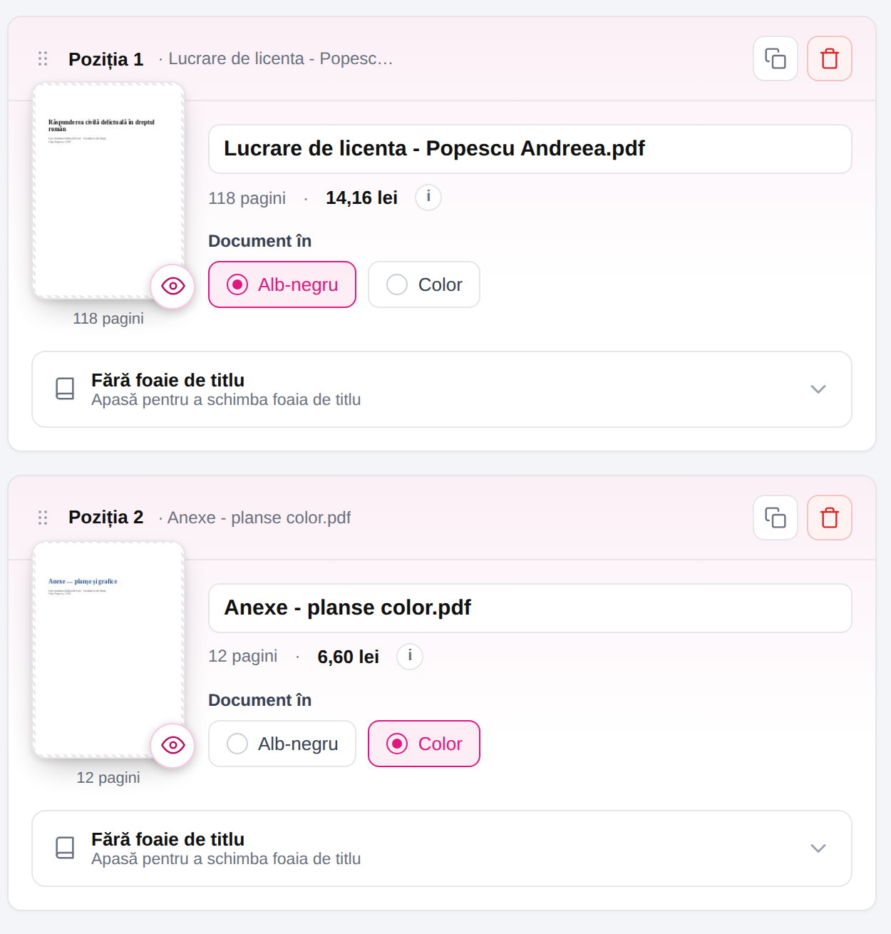Două documente în același dosar pe EzPrint Studio: primul alb-negru, al doilea color