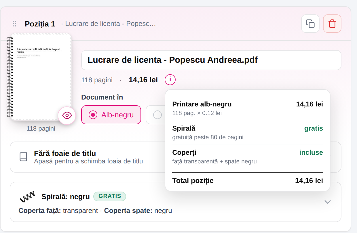 Panoul de finisare EzPrint: Legare cu spirală + coperți selectată