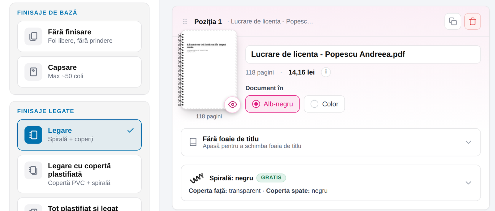 Desfășurătorul prețului EzPrint: printare alb-negru, spirală gratuită