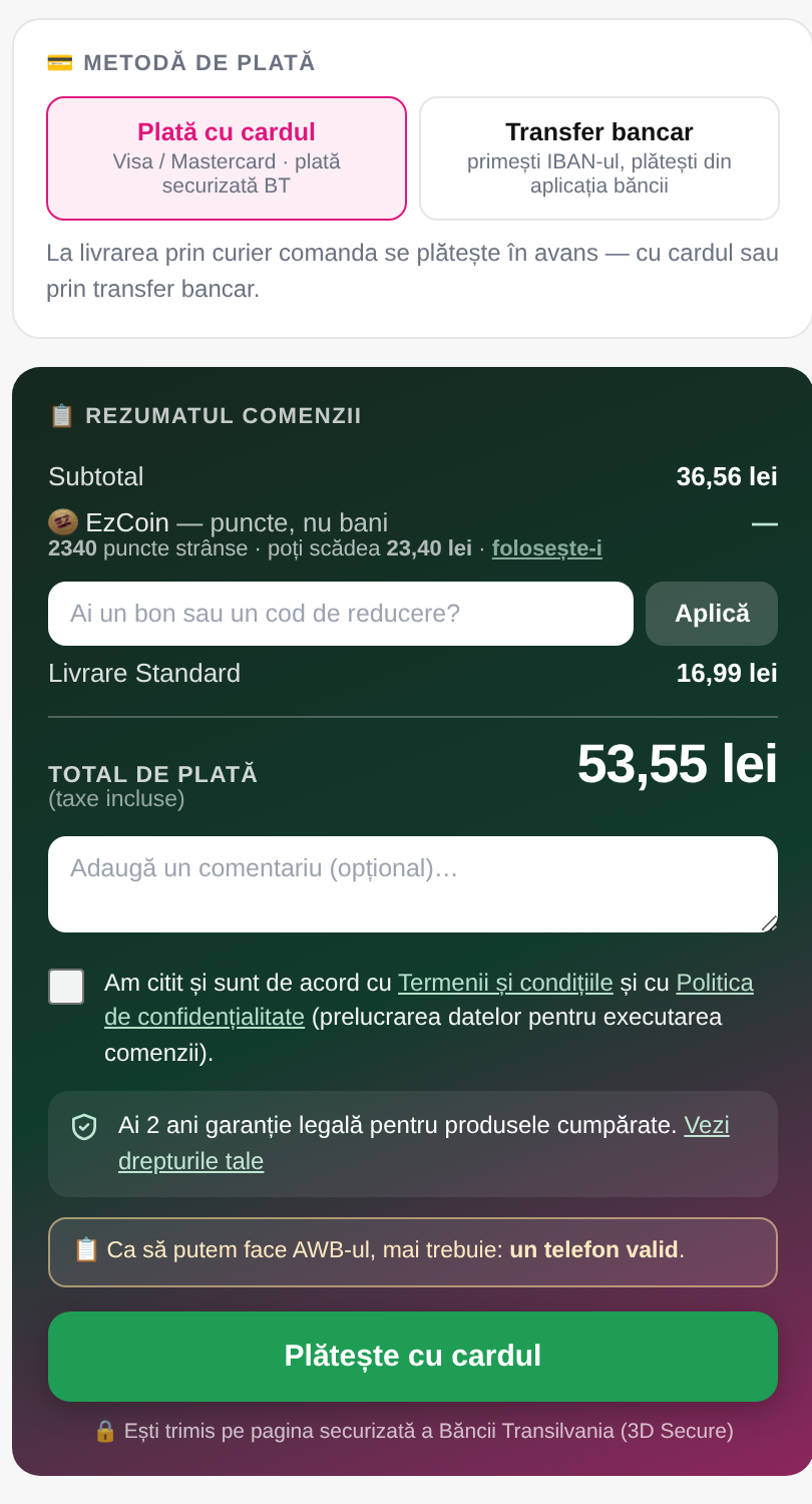 Metoda de plată EzPrint și rezumatul comenzii cu EzCoin